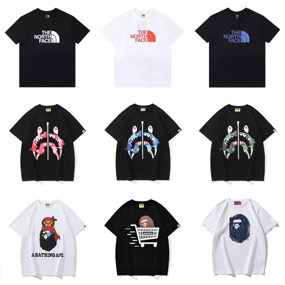 A Bathing Ape T-Shirts with猿人头 and Shark Design