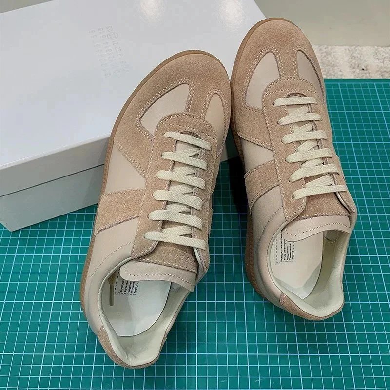 Beige Suede Sneakers with White Laces and Minimalist Design
