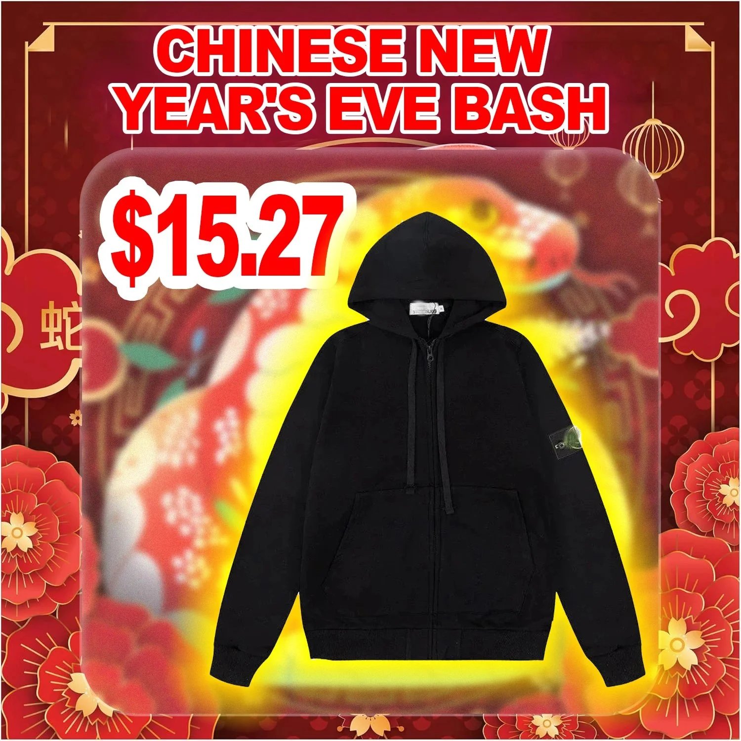 Black Zip-Up Hoodie for Chinese New Year Celebration
