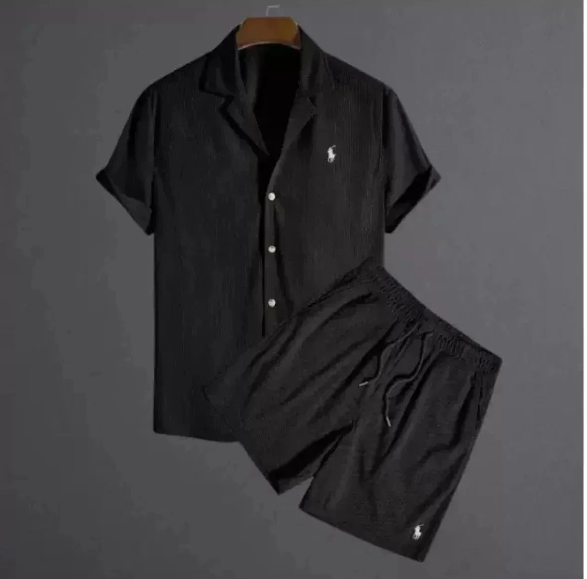 Men's Black Silk Pajama Set Short Sleeve Shirt and Shorts