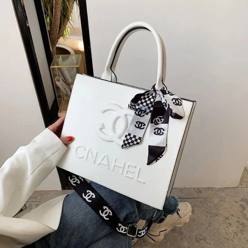 White CHANEL Logo Tote Bag with Scarf and Shoulder Strap