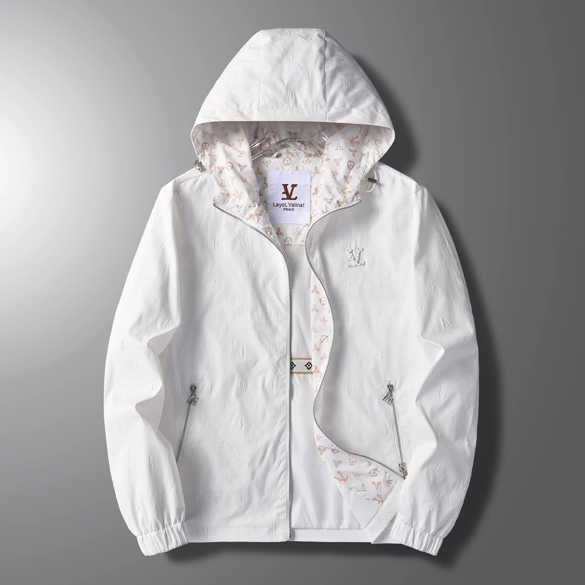 White Hooded Jacket with Monogram Pattern and Zipper Design
