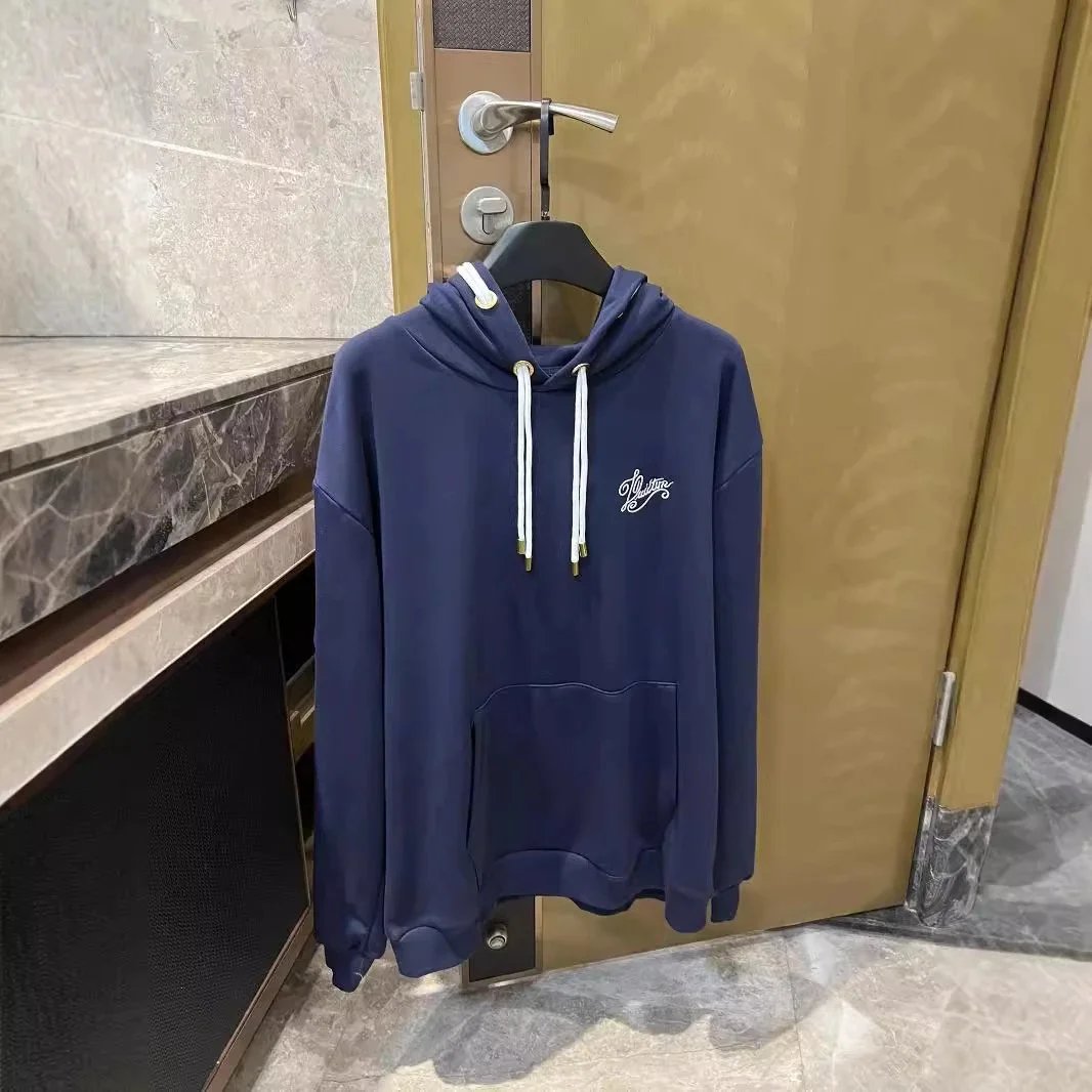 Navy Blue Hoodie with White Logo and Drawstrings
