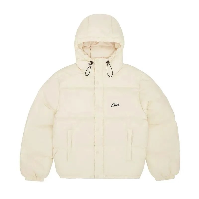 Cream Puffer Jacket with Hood and Logo Embroidery