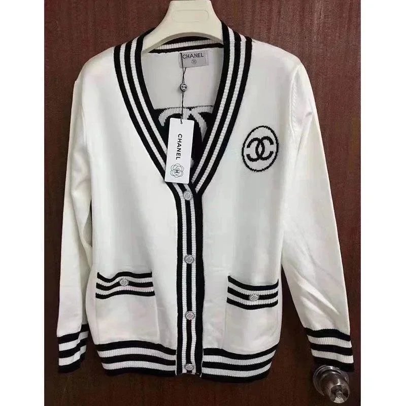 Chanel White V-Neck Cardigan with CC Logo and Striped Trim