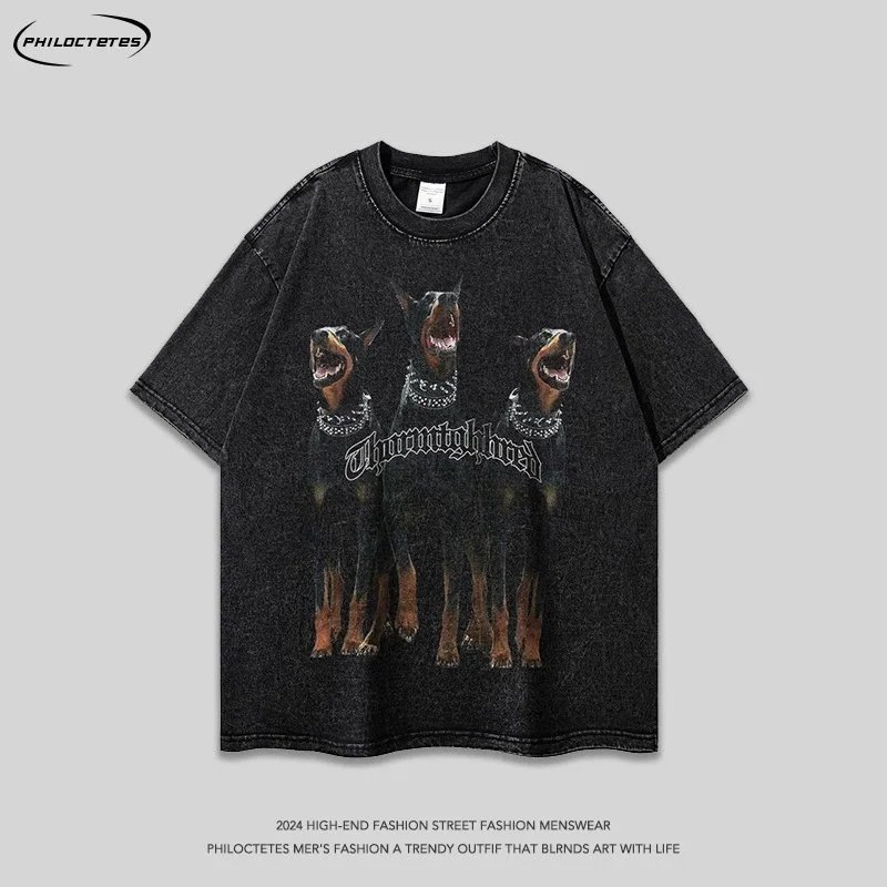 Philoctetes 2024 Streetwear Dog Print Oversized T-Shirt for Men