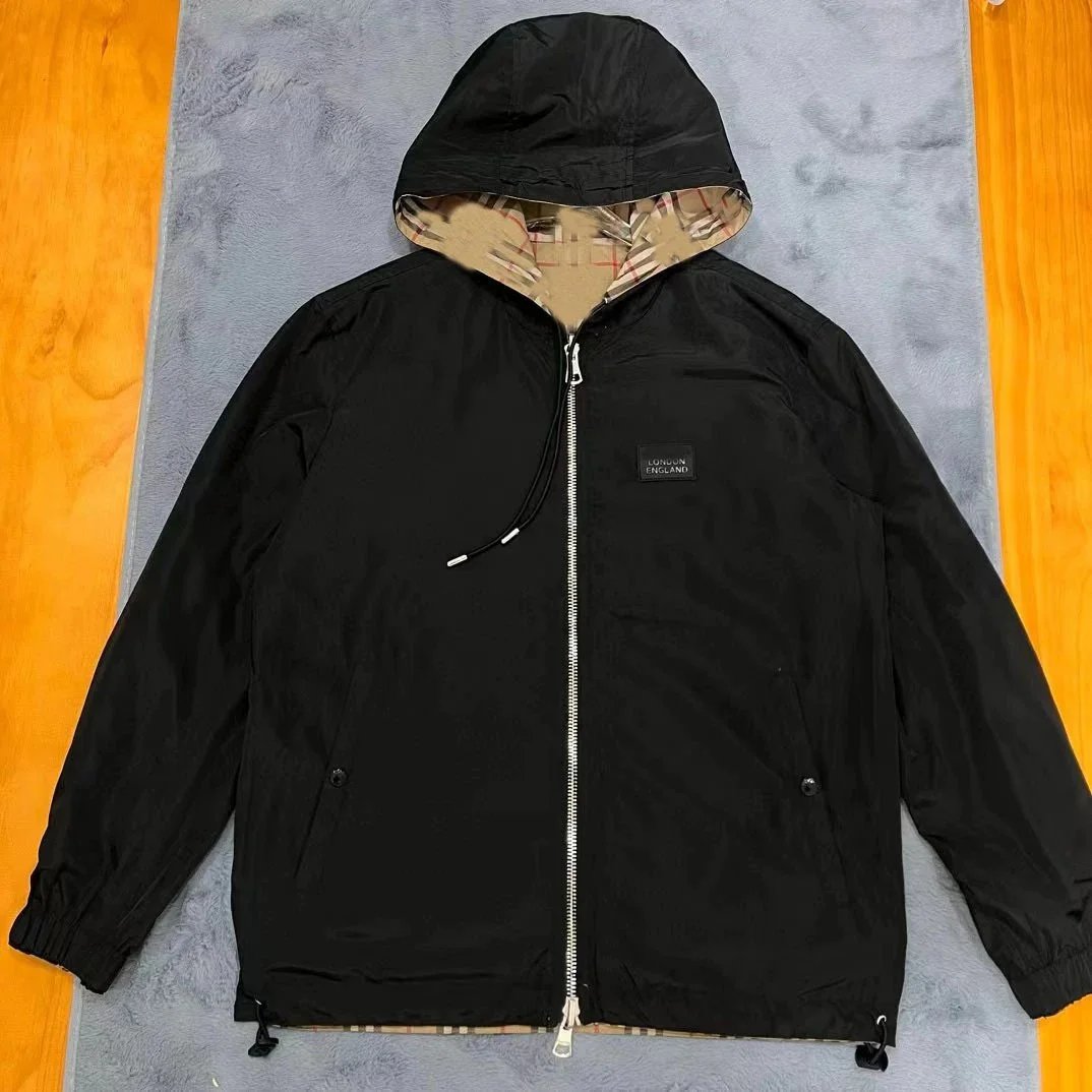 Black Hooded Windbreaker Jacket with Checkered Lining