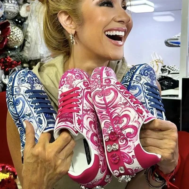Custom Embroidered Sneakers with Rhinestones and Floral Design