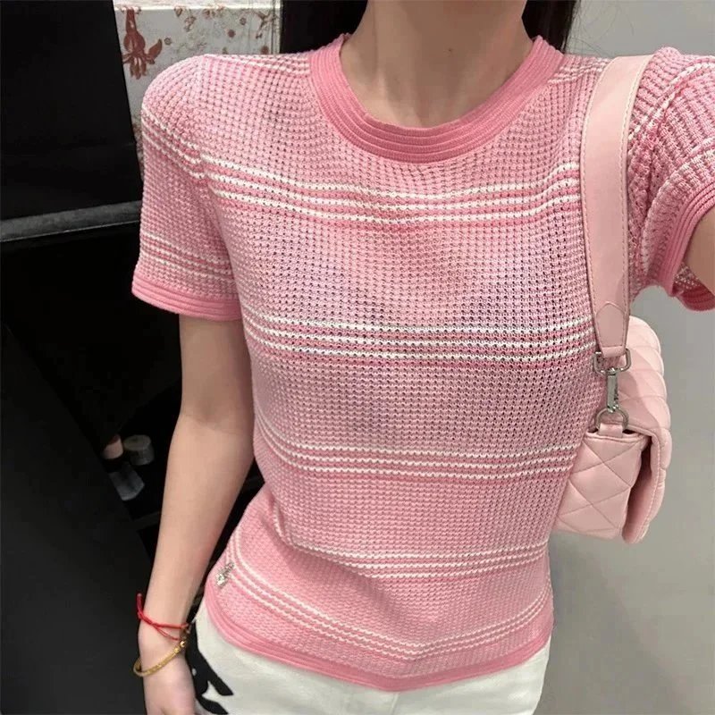 Pink Knit Short Sleeve Top Women's Casual Striped Sweater T-Shirt