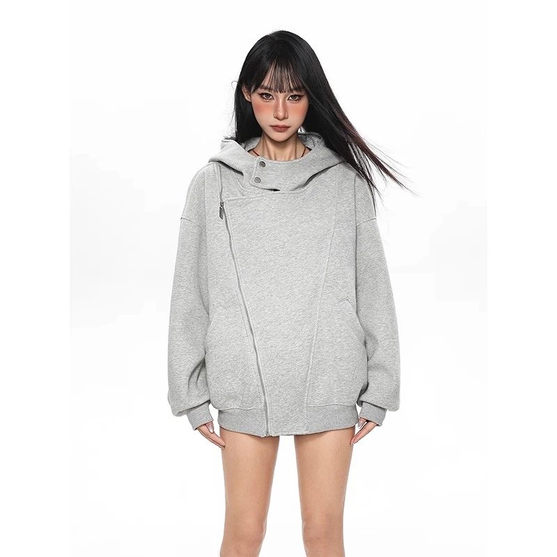 Asymmetrical Zip Hoodie for Women - Gray Oversized Sweatshirt