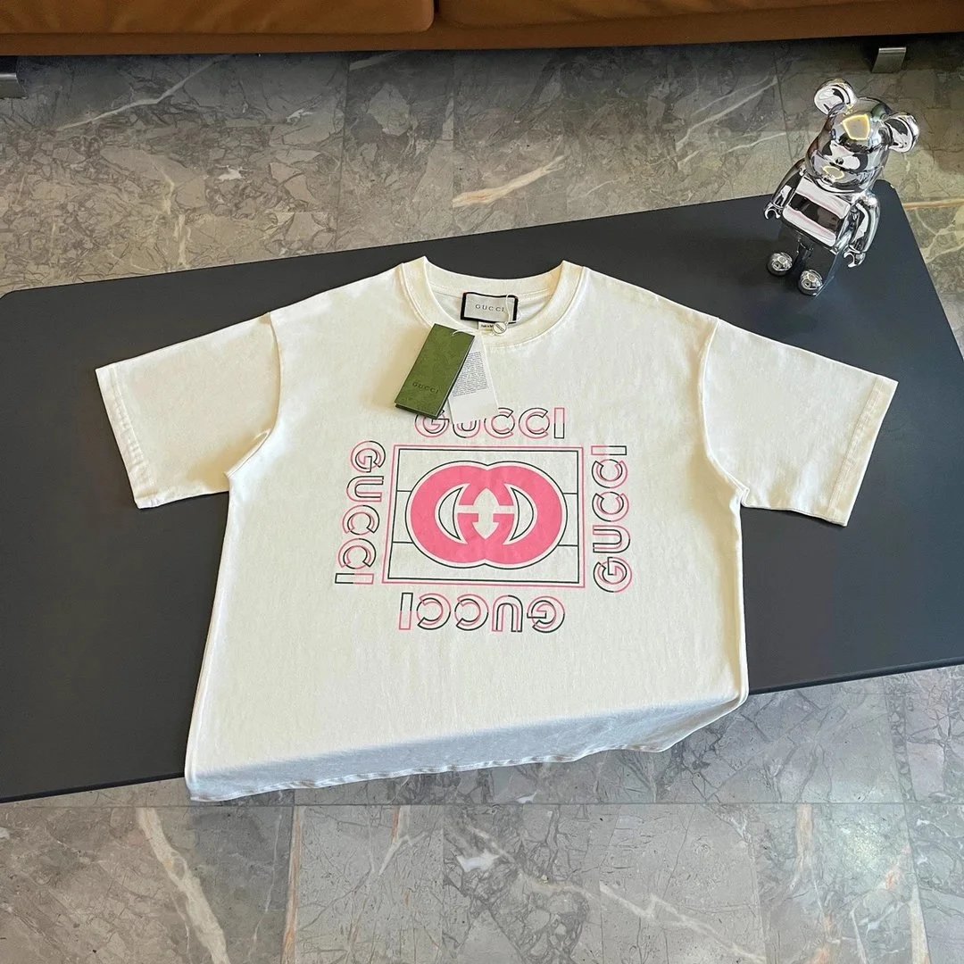 Gucci Logo Print Crewneck T-Shirt White Pink