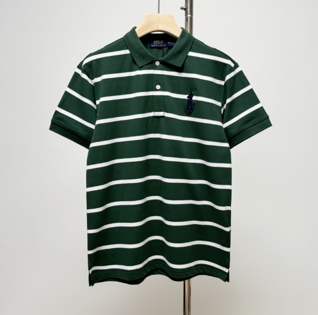 Men's Green and White Striped Polo Shirt