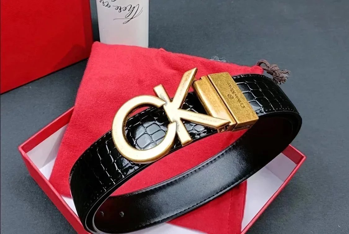 Calvin Klein Black Crocodile-Embossed Belt with Gold CK Logo