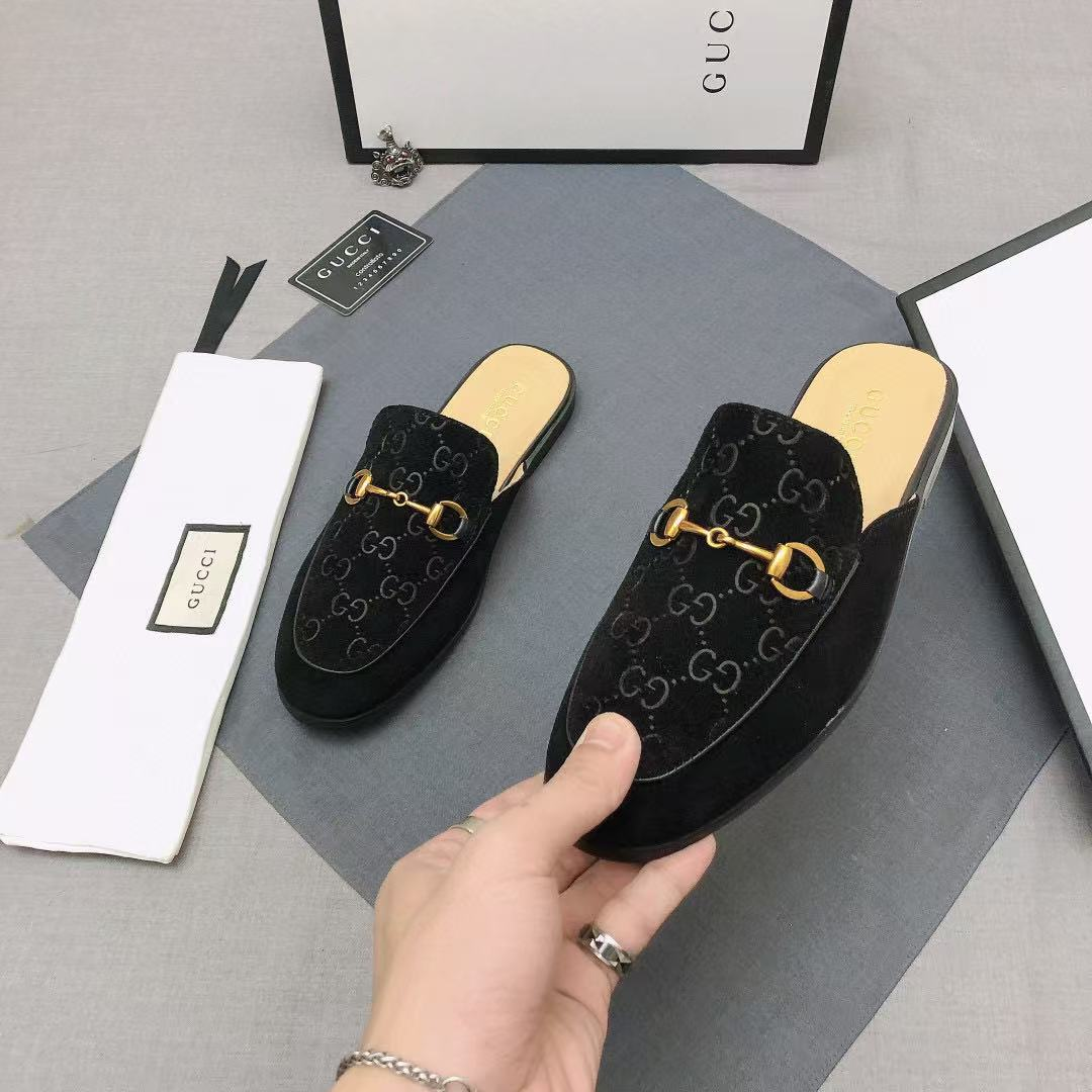 Gucci Black GG Supreme Velvet Mules with Gold Horsebit