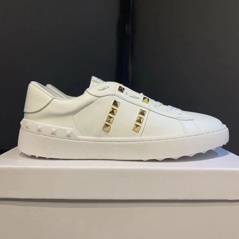 White Leather Sneakers with Gold Studs for Women