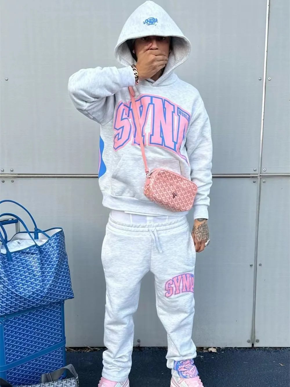 SYN World Hoodie & Sweatpants Set Gray Pink Logo Streetwear