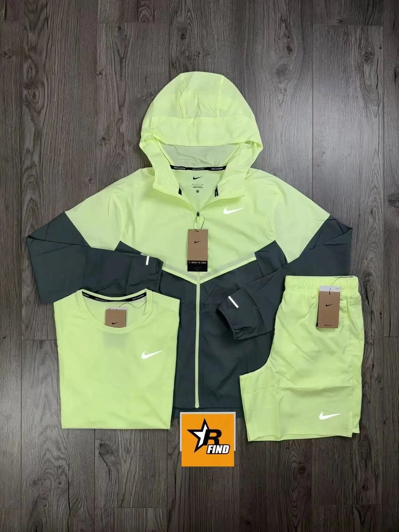 Nike Running Sport Suit Set Neon Green and Black Jacket T-Shirt Shorts