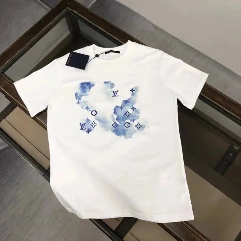 Louis Vuitton White T-Shirt with Blue Watercolor Monogram Print