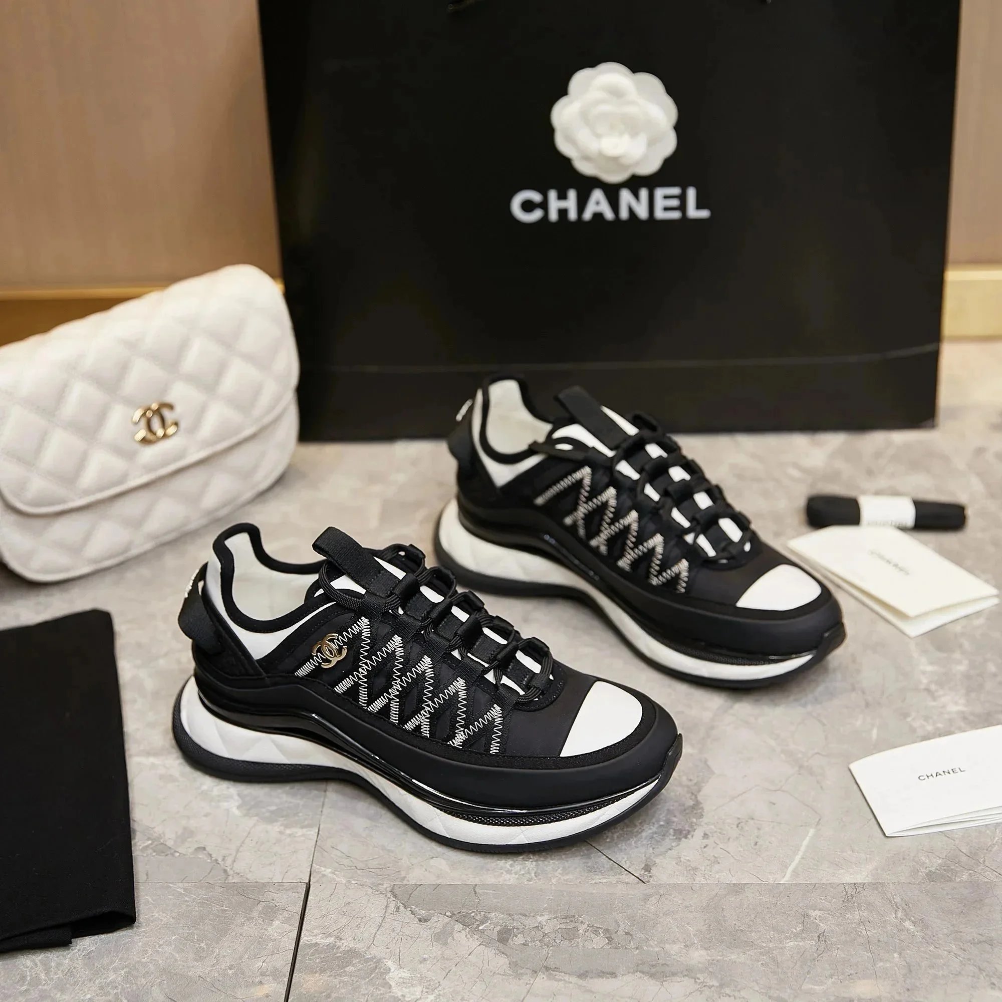 CHANEL Black and White Logo Sneakers for Women