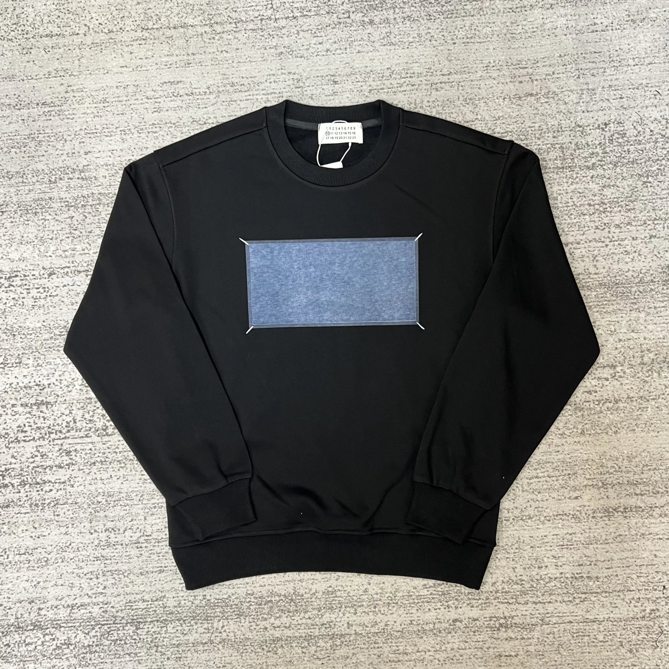 Black Crewneck Sweatshirt with Blue Denim Patch Design