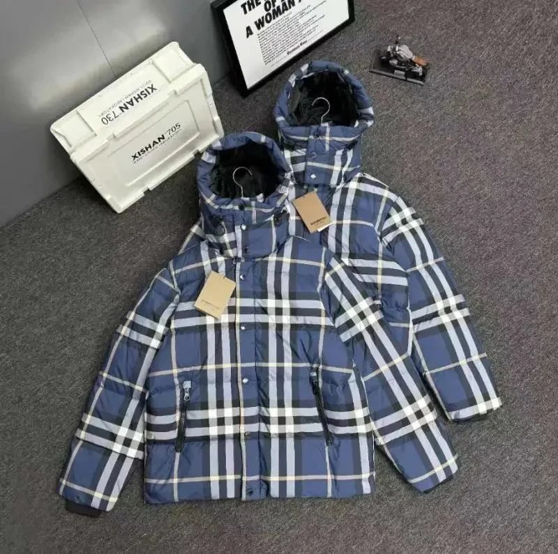 Plaid Down Jacket for Men and Women Winter Warm Coat with Hood