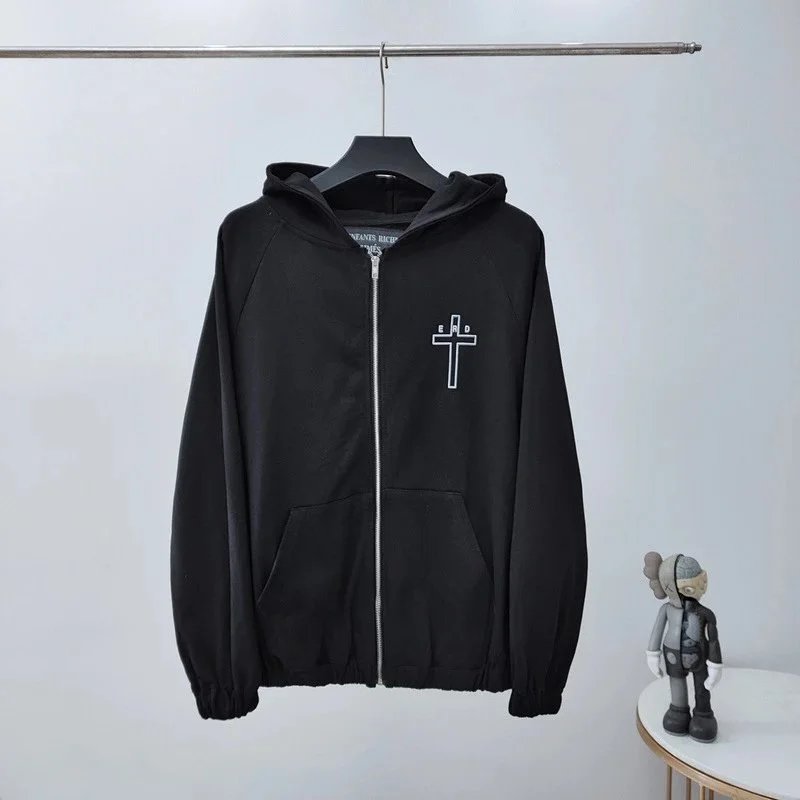 Black Cross Logo Zip-Up Hoodie for Men Women Streetwear Fashion