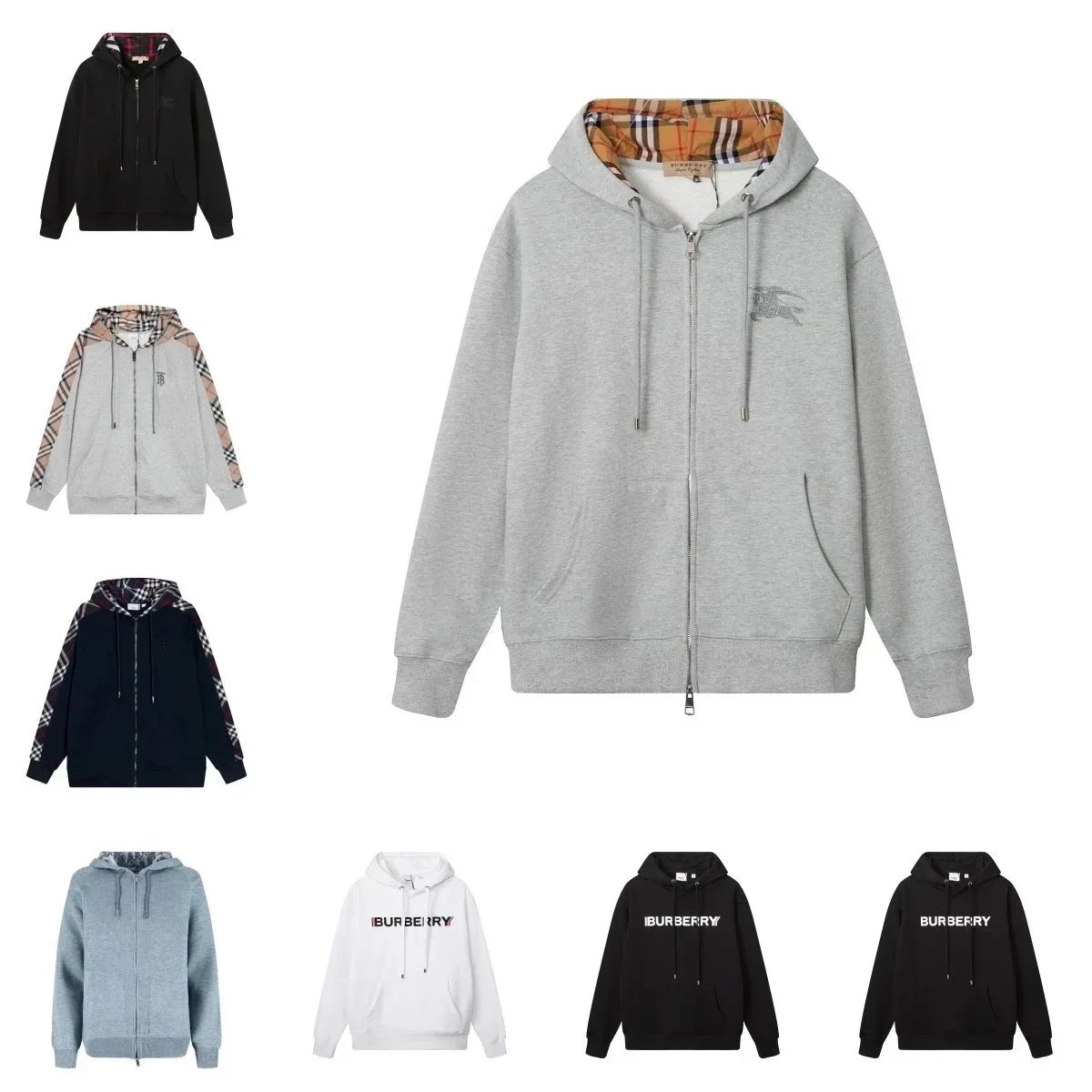 Burberry Zip Hoodie with Check Lining and Logo Embroidery