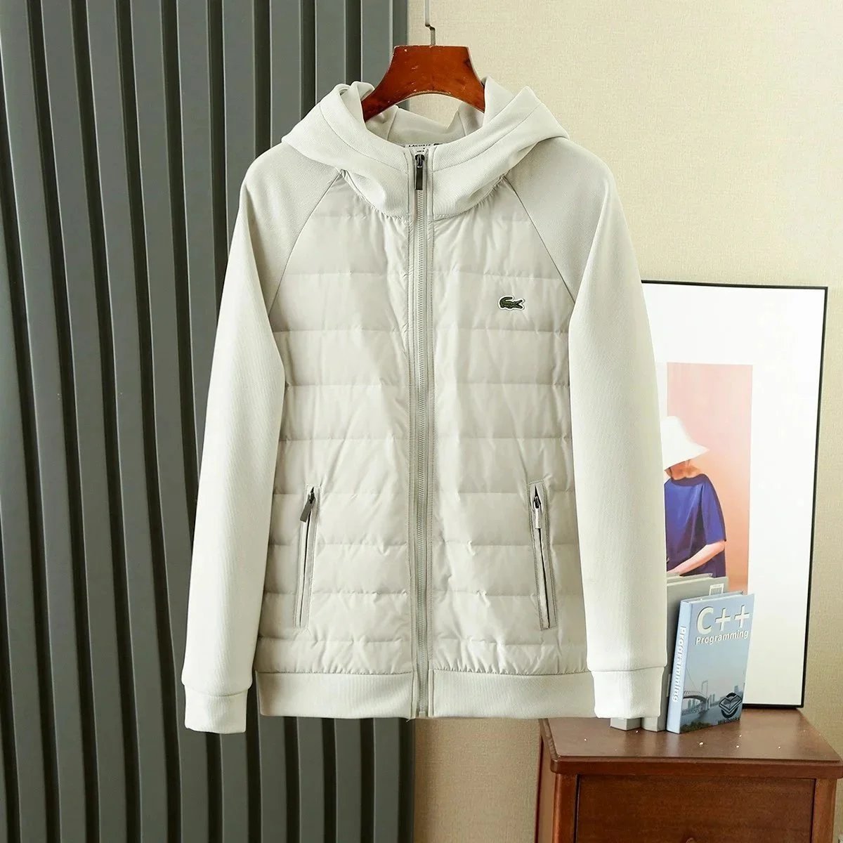 Lacoste White Quilted Hooded Jacket for Women