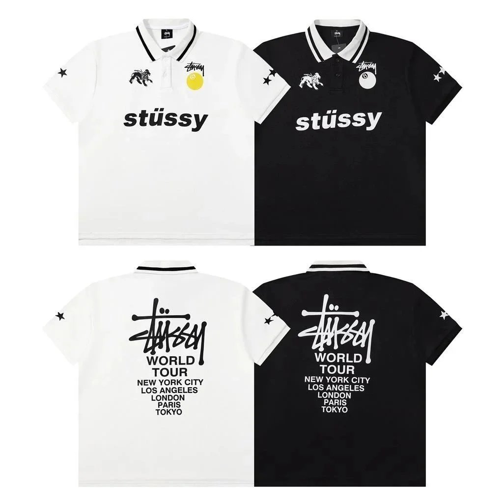 Stussy World Tour Polo Shirt Black and White