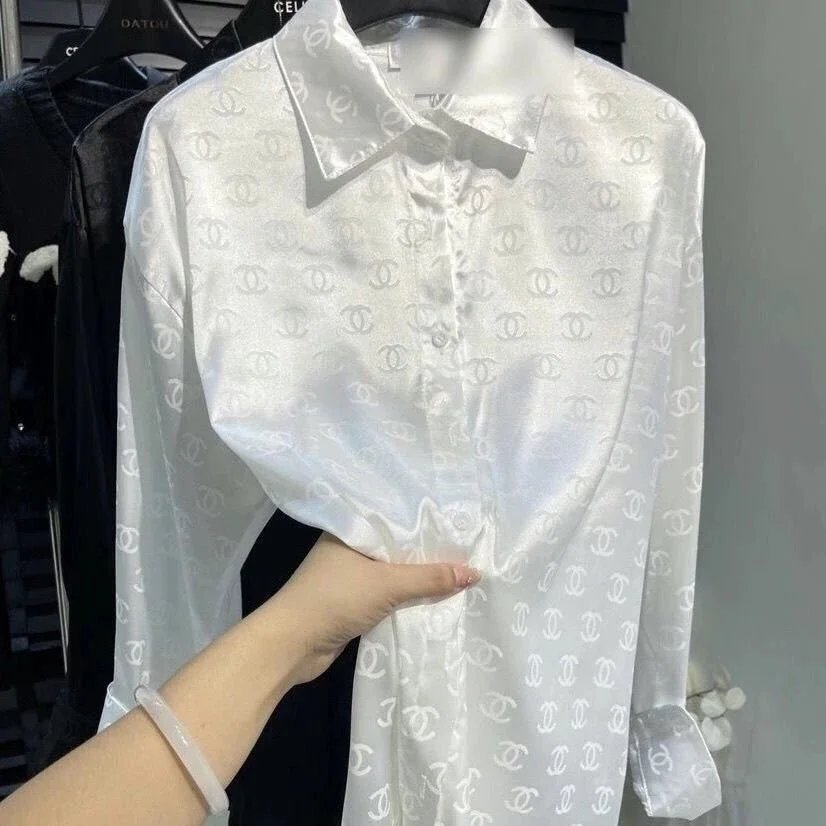 White Satin Logo Print Long Sleeve Shirt for Women