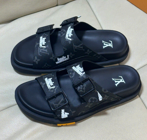 Louis Vuitton Monogram Logo Slide Sandals Black Men's Summer Shoes