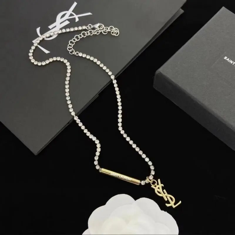Saint Laurent Crystal Pendant Necklace with YSL Logo Charm