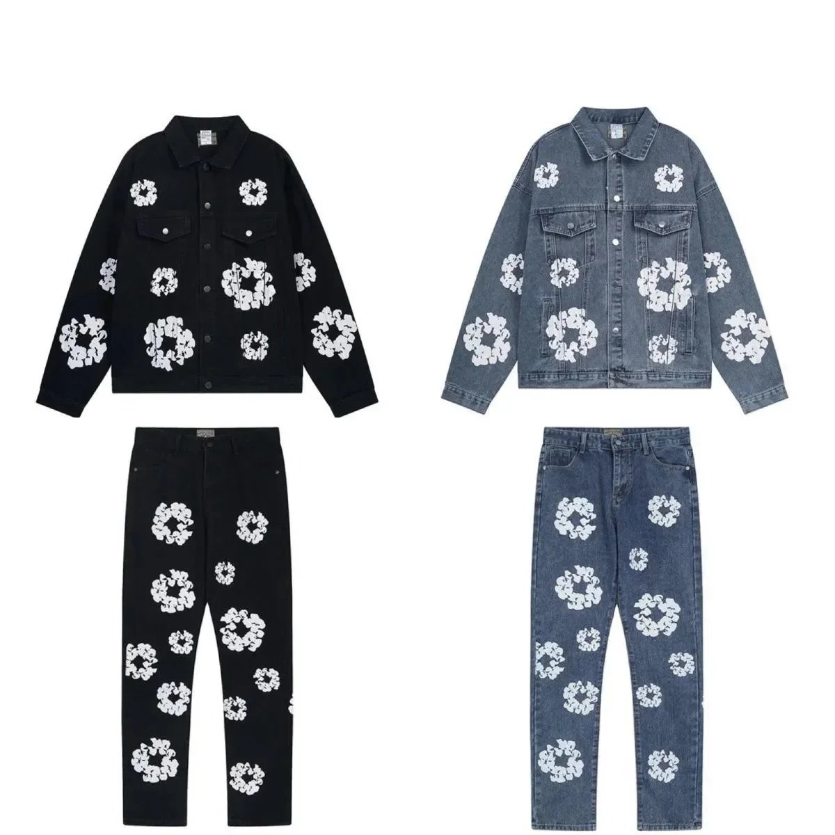 Floral Print Denim Jacket and Pants Set for Men and Women