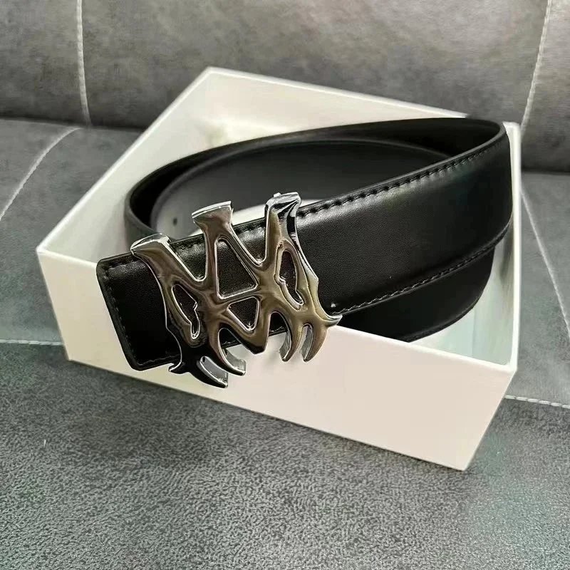 Stylish Black Leather Belt with Metallic NY Logo Buckle