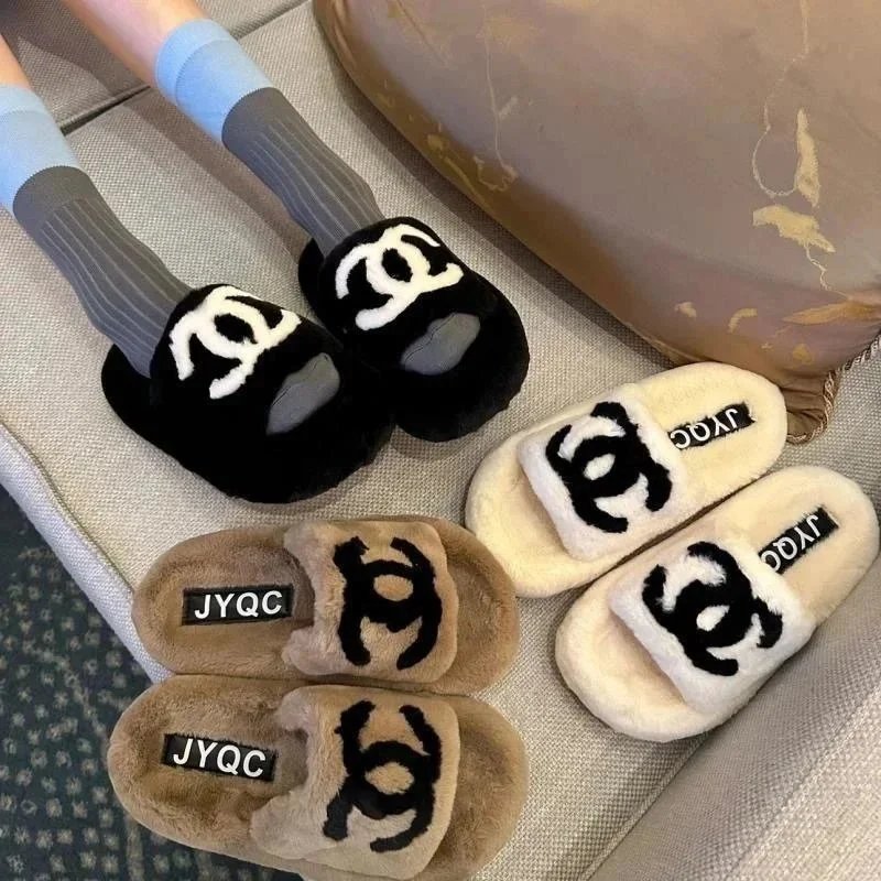 Fuzzy Logo Slides for Women Cozy Plush Slippers with CC Design