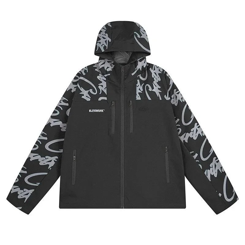 ELITEWORK Black Graffiti Print Hooded Jacket for Men