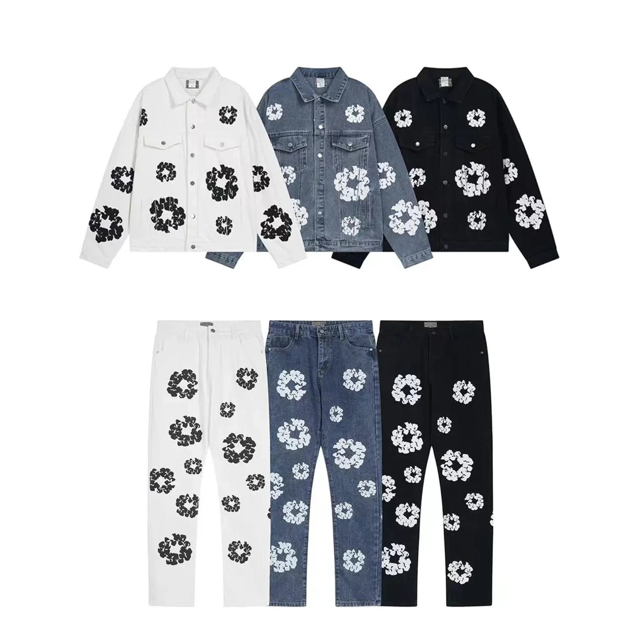 Floral Pattern Denim Jacket and Pants Set for Men and Women