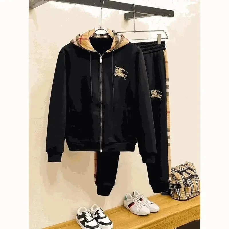 Burberry Black Hoodie and Pants Set with Check Lining