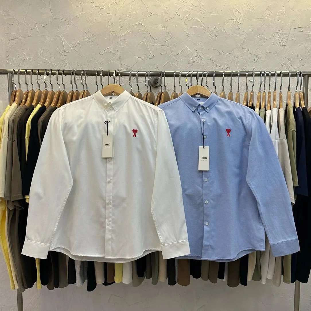 AMI Paris Long Sleeve Button-Up Shirt Men's Classic Fit White Blue